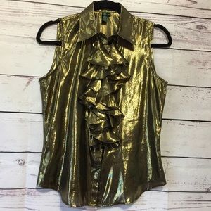 Lauren Ralph Lauren ruffle neck metallic gold Sz 4